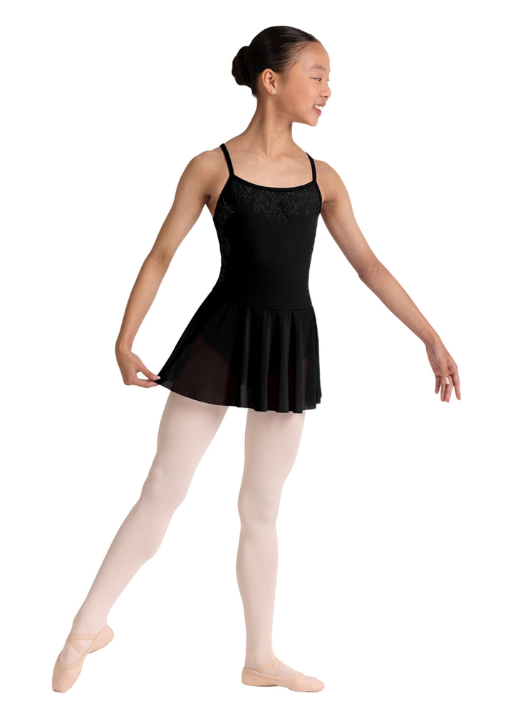 Bloch girls' Jesse camisole dance dress in black with floral neckline.