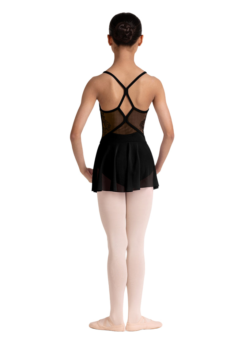 Bloch girls' Jesse camisole dance dress in black with mesh panels and strappy back.