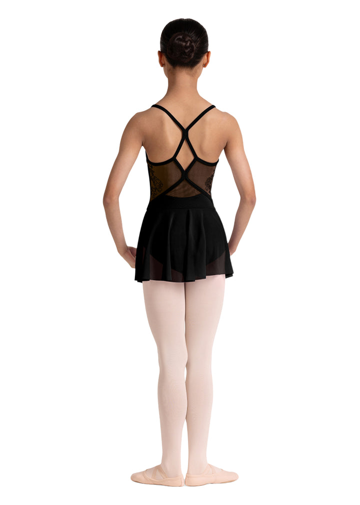 Bloch girls' Jesse camisole dance dress in black with mesh panels and strappy back.