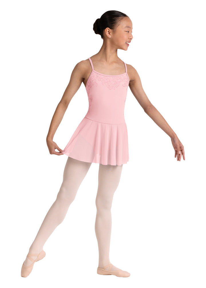Bloch girls' Jesse camisole dance dress in pink with floral neckline.