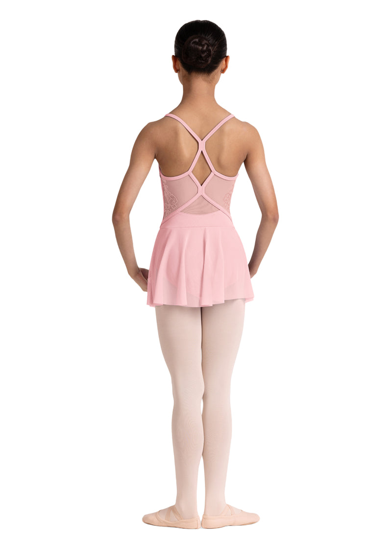 Bloch girls' Jess camisole dance dress in pink with mesh panels and strappy back.