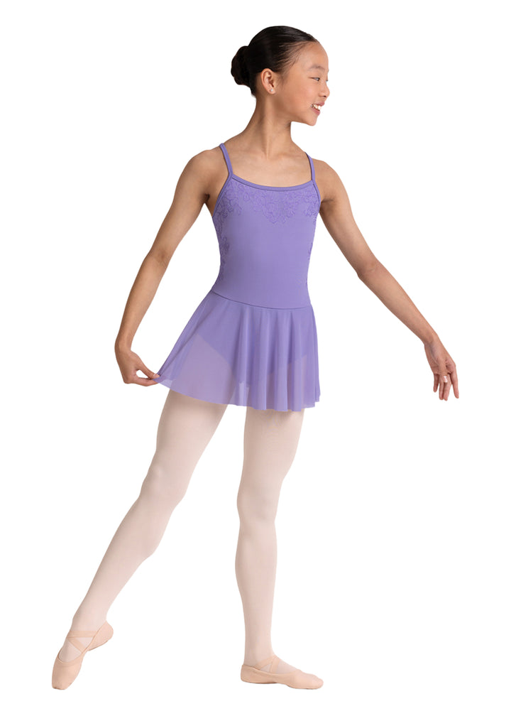 Bloch girls' Jesse camisole dance dress in light purple with floral neckline.