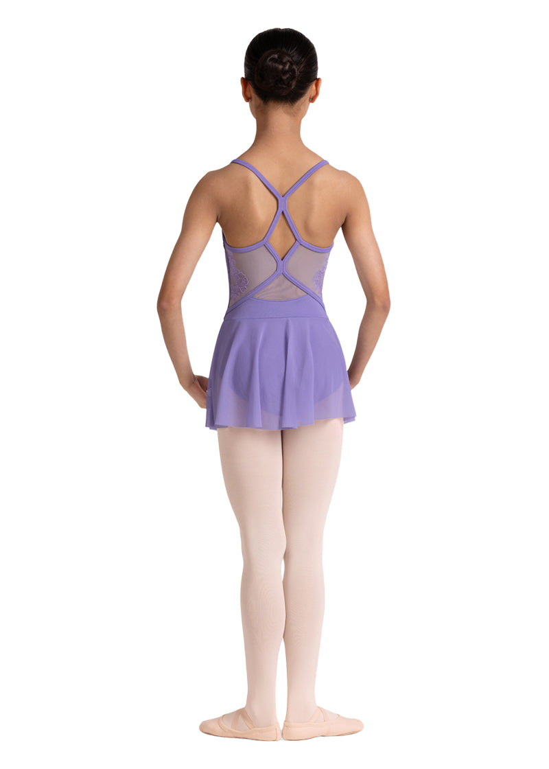 Bloch girls' Jesse camisole dance dress in light purple with mesh panels connecting a strappy back.