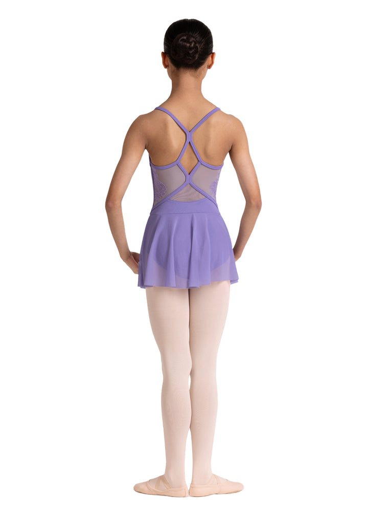 Bloch girls' Jesse camisole dance dress in light purple with mesh panels connecting a strappy back.