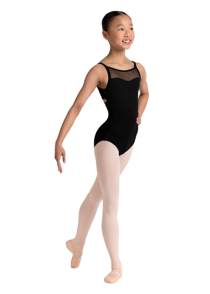 Bloch girls' Jazz camisole leotard in black with mesh sweetheart neckline.