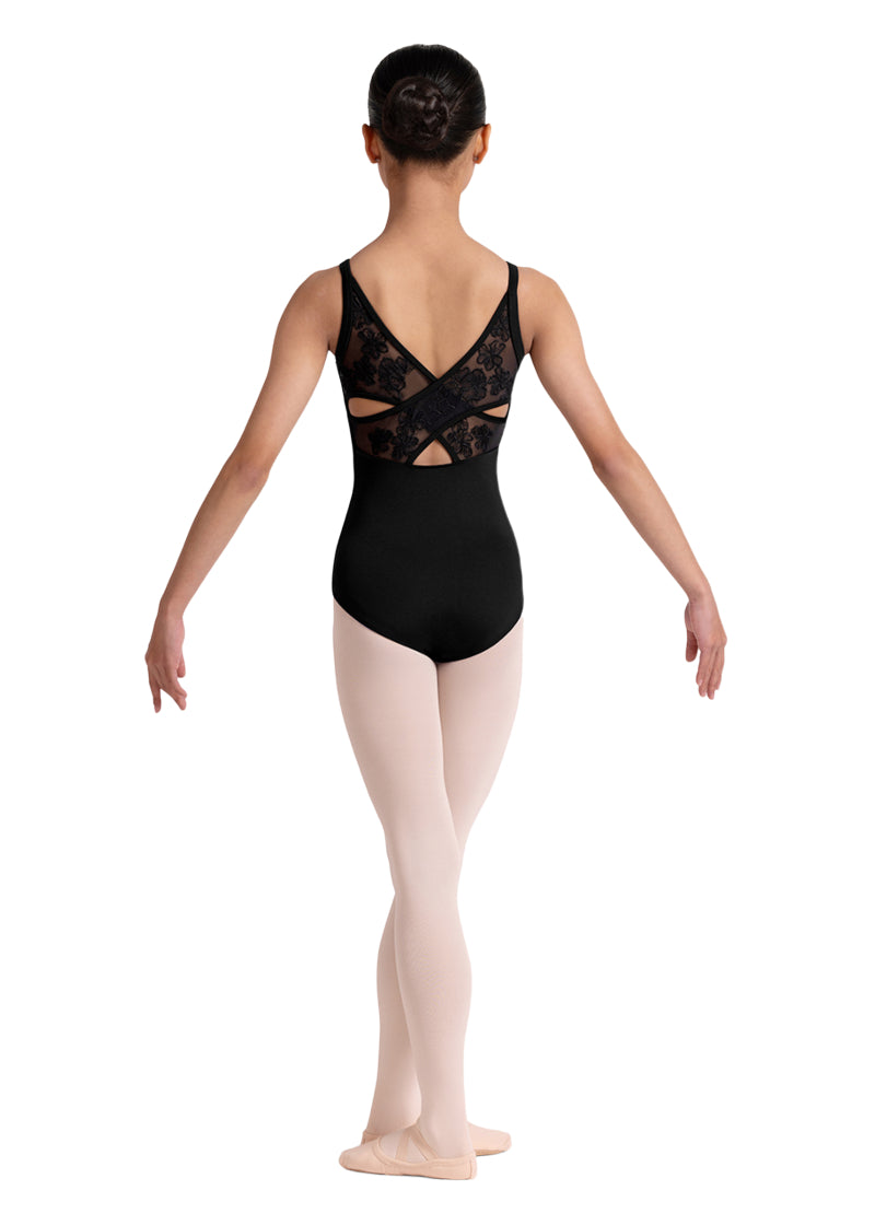 Bloch girls' Jazz camisole leotard in black with criss-crossing floral mesh panels.