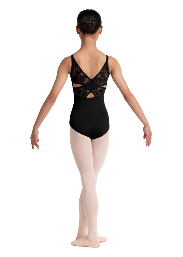 Bloch girls' Jazz camisole leotard in black with criss-crossing floral mesh panels.