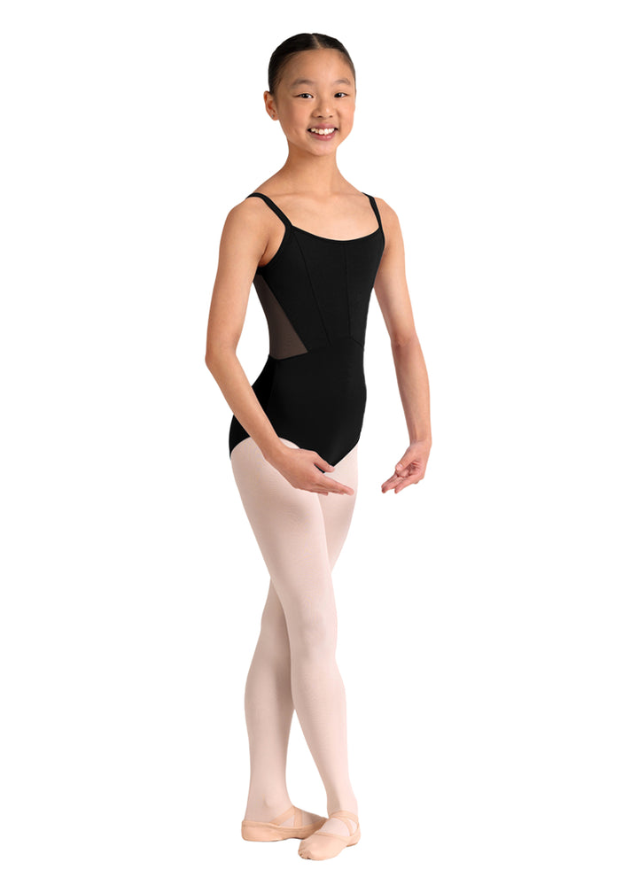Bloch girls' Kik camisole leotard in black with princess seams and side mesh panels.