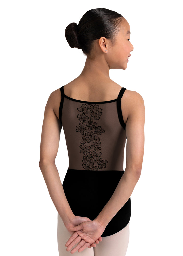 Bloch girls' Kik camisole leotard in black with floral mesh back.