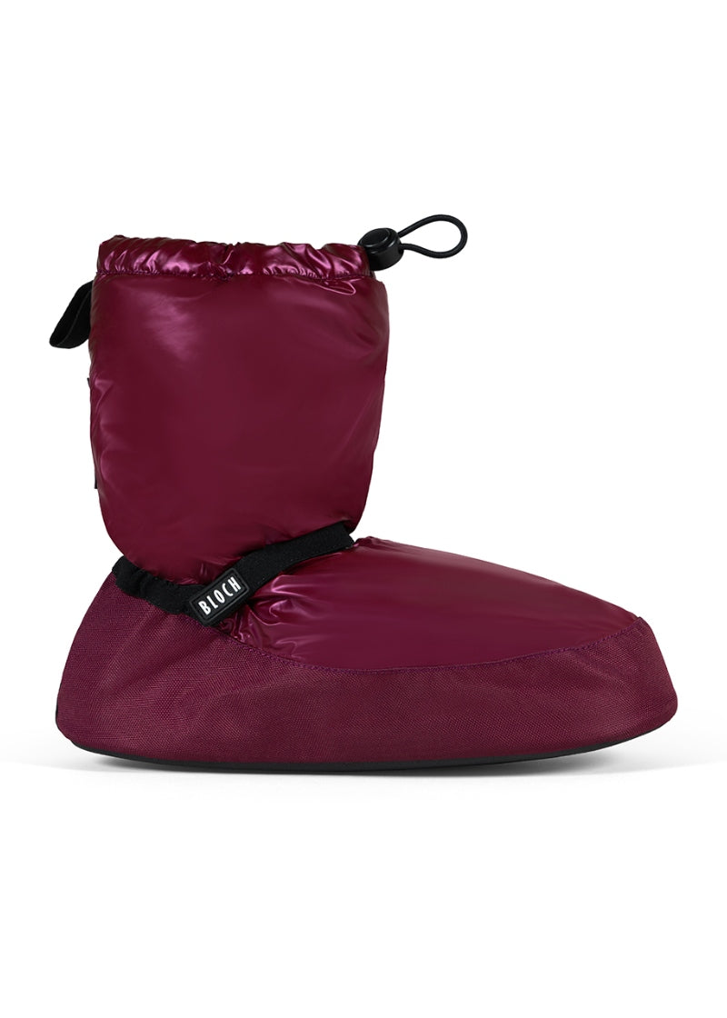 Bloch metallic warm-up booties IM009BM with toggle closure and velcro ankle strap in burgundy