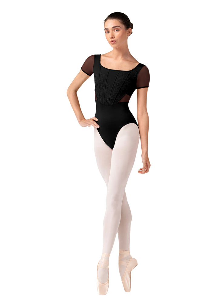 Bloch women's Olivia cap sleeve leotard in black with corset seams, floral embroidery, and mesh sleeves.