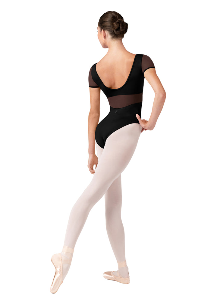 Bloch women's Olivia cap sleeve leotard in black with scoop back, mesh back panel, and mesh sleeves.