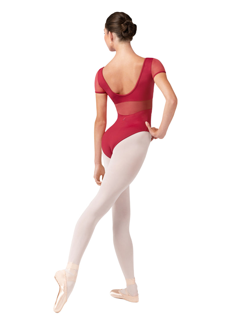 Bloch women's Olivia cap sleeve leotard in hot pink with scoop back, mesh back panel, and mesh sleeves.