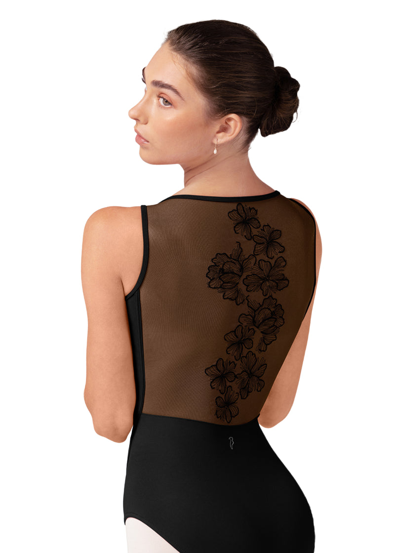 Bloch women's Emma tank leotard in black with floral embroidered mesh back.