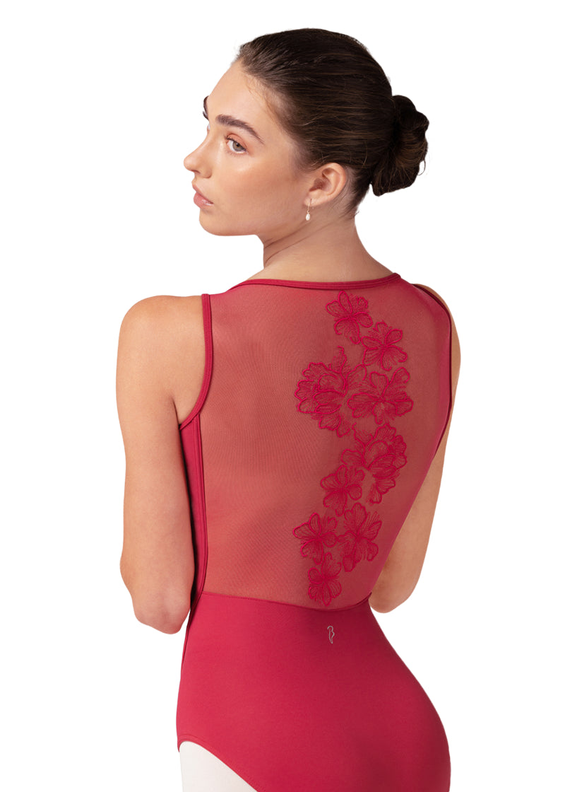 Bloch women's Emma tank leotard in hot pink with floral embroidered mesh back.