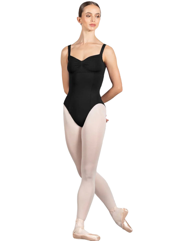 Bloch women's Ava tank leotard in black with pinch front neckline and princess seams.