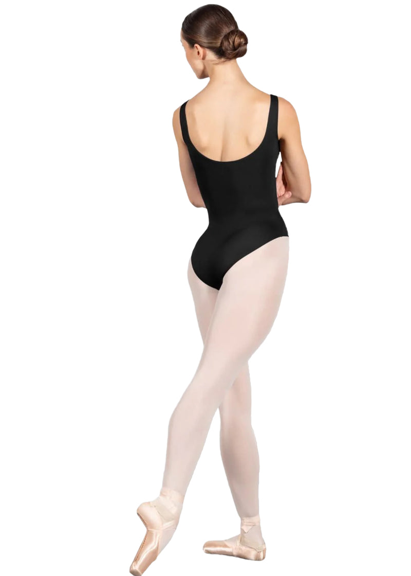 Bloch women's Ava tank leotard in black with mid scoop back.