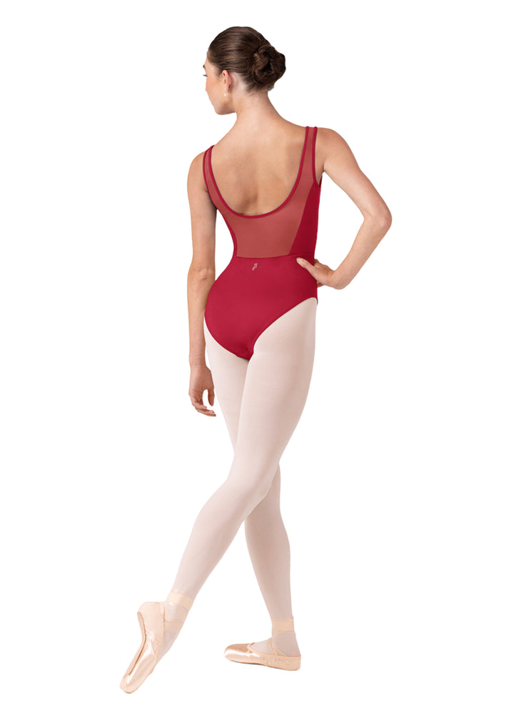 Bloch women's Isabella tank leotard in hot pink with mesh scoop back.
