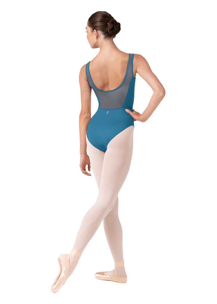 Bloch women's Isabella tank leotard in bright sky blue with mesh scoop back.