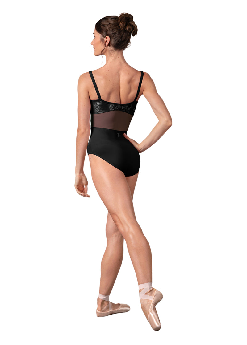 Bloch women's Anna camisole leotard in black with mesh back panel.