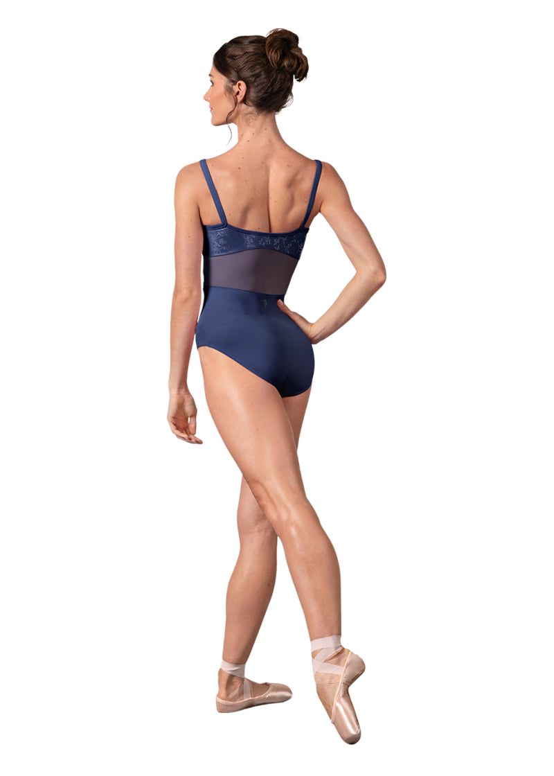 Bloch women's Anna camisole leotard in dark blue with mesh back panel.