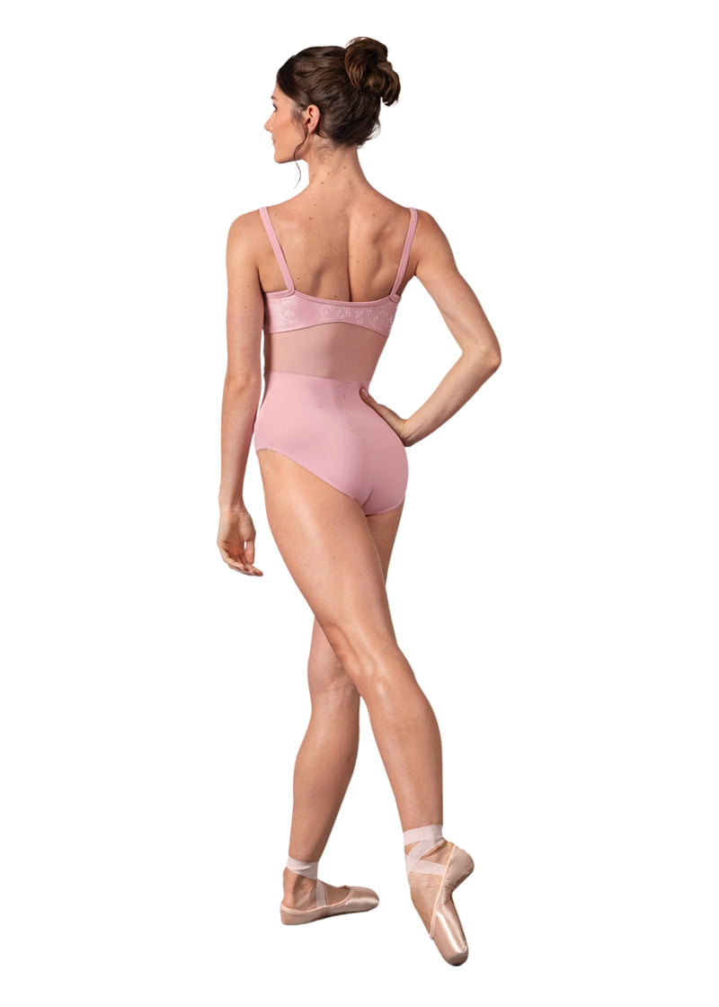 Bloch women's Anna camisole leotard in light pink with mesh back panel.