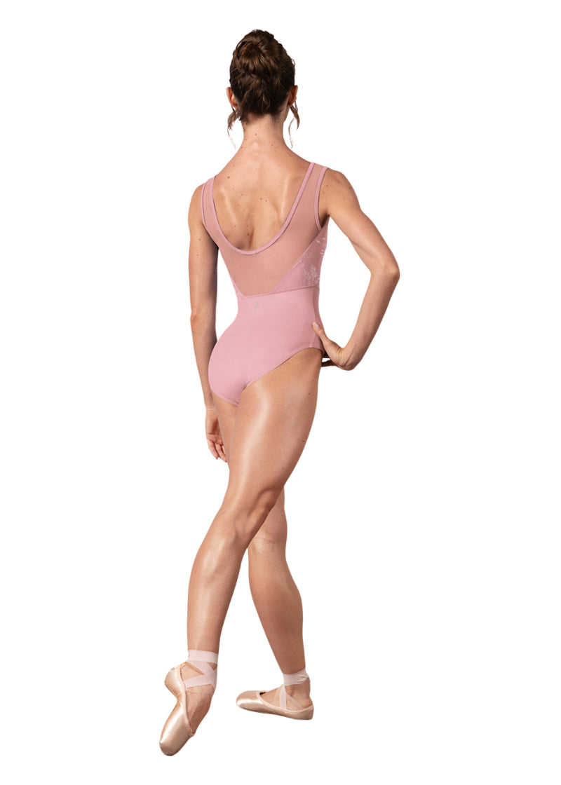 Bloch women's Honey tank leotard in light pink with mesh scoop back.