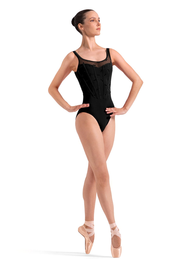 Bloch L50013 Evelyn tank leotard in black with floral flocked mesh sweetheart illusion neckline and binding detail princess seams