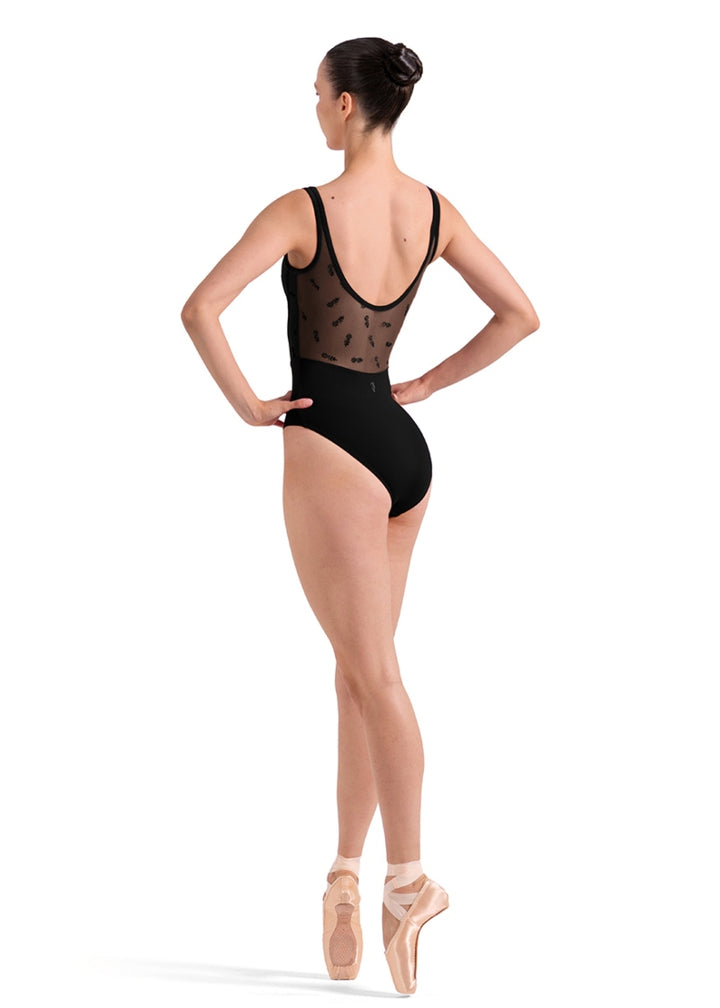Bloch L50013 Evelyn tank leotard in black with floral flocked mesh back panel