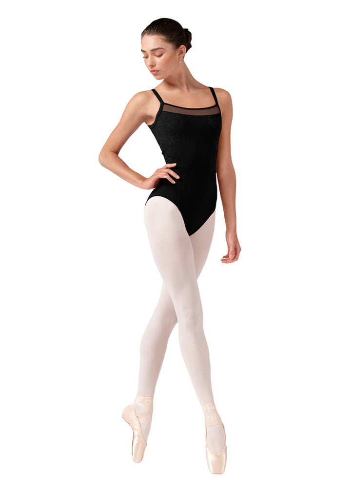 Bloch women's Lorelei camisole leotard in black with floral embroidered sides and mesh neckline.