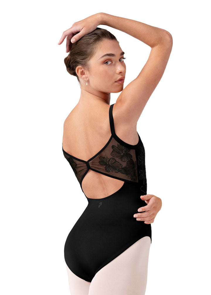 Bloch women's Lorelei camisole leotard in black with floral mesh panels and keyhole back.
