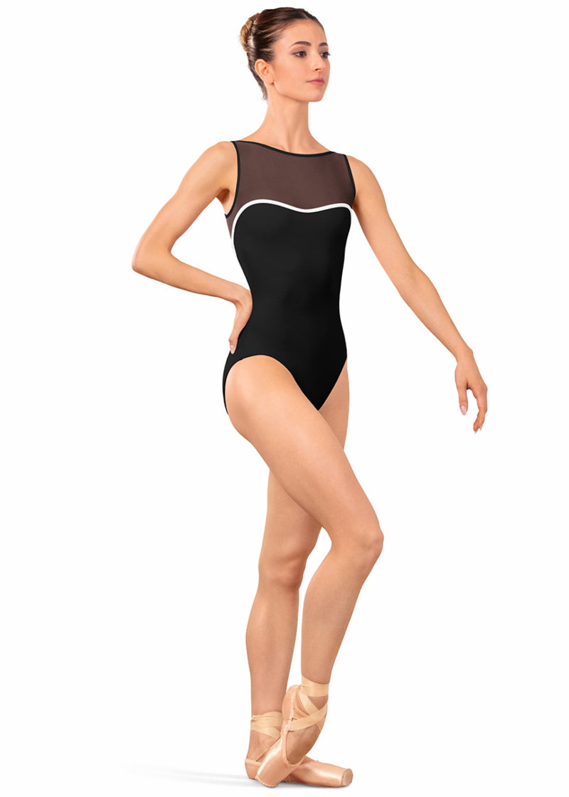 Bloch LB5260 Women's Arno Mesh Boatneck Tank Leotard with Contrast Piping Sweetheart Neckline in Black/White, shown on a pointe dancer