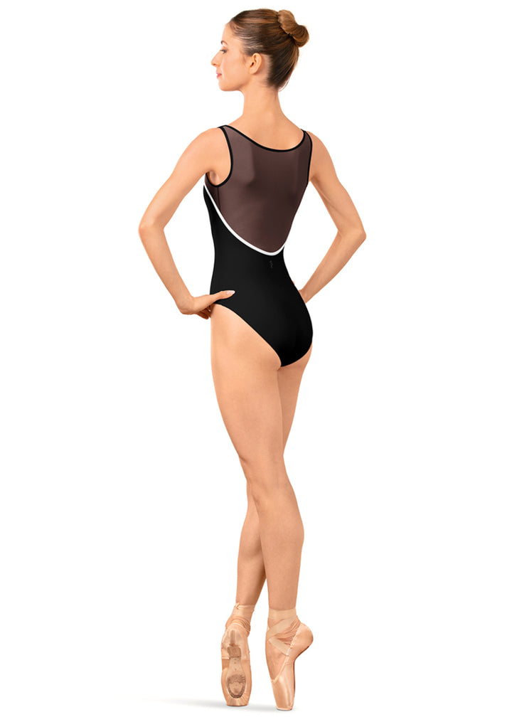 Bloch LB5260 Women's Arno Mesh Boatneck Tank Leotard with Contrast Piping Mesh Scoop Back in Black/White, shown on a pointe dancer