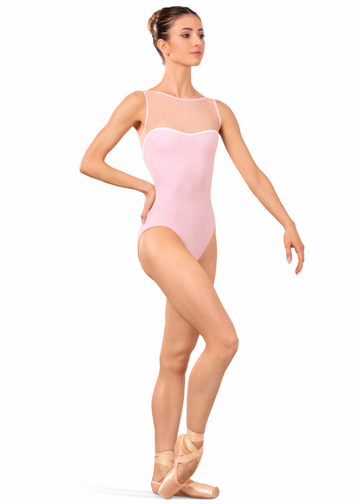 Bloch LB5260 Women's Arno Mesh Boatneck Tank Leotard in Carnation Light Pink with White Contract Piping Detail and Sweetheart Neckline, shown on a pointe dancer