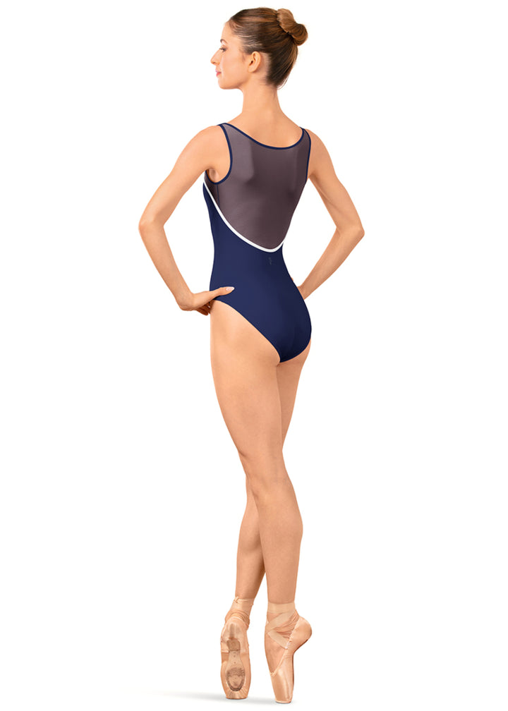 Bloch LB5260 Women's Arno Mesh Boatneck Tank Leotard in Navy Blue with White Contrast Piping Detail and mesh scoop back, shown on a pointe dancer