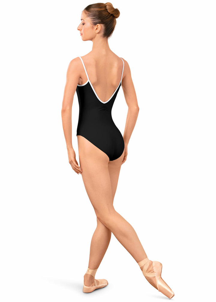 Bloch LB5261 Women's Arve Pinch Back Camisole Leotard in Black with White Contrast Piping Detail, shown on a pointe dancer