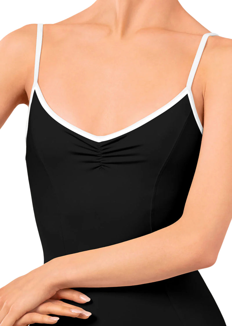 Bloch LB5261 Women's Arve Pinch Front Princess Seam Camisole Leotard in Black with White Contrast Piping Detail, shown on a pointe dancer