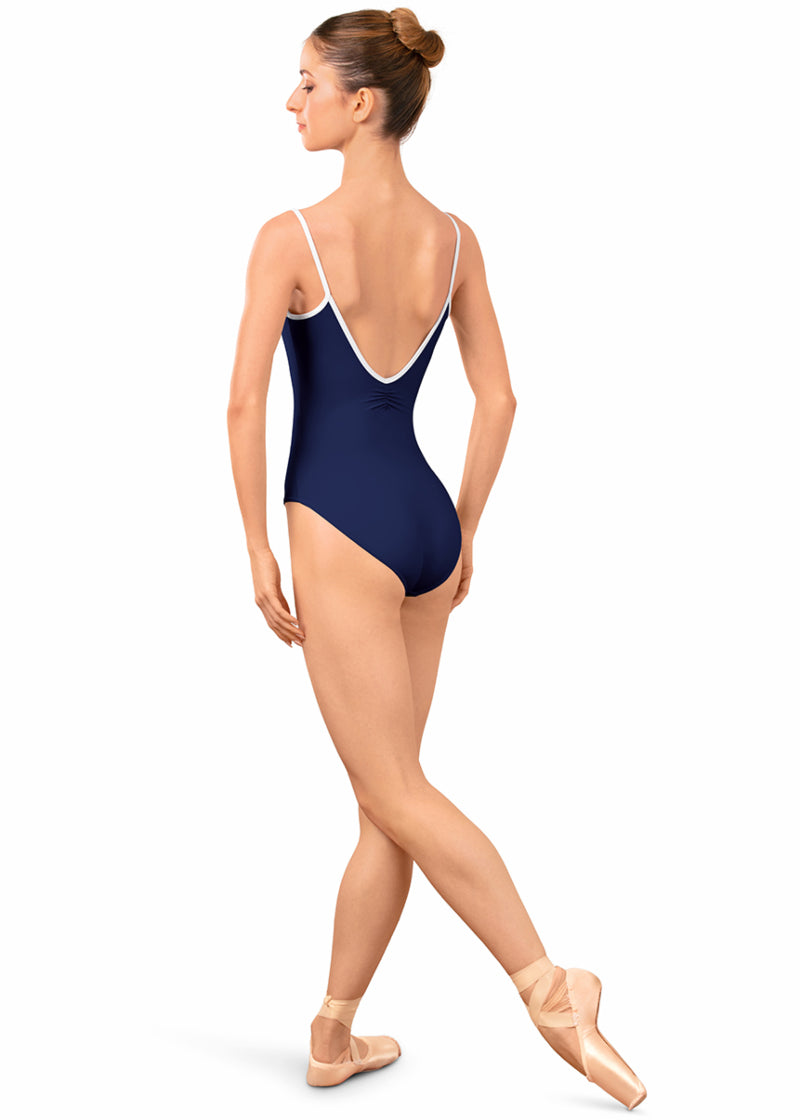 Bloch LB5261 Women's Arve Pinch V-Back Camisole Leotard in Navy Blue with White Contrast Piping Detail, shown on a pointe dancer