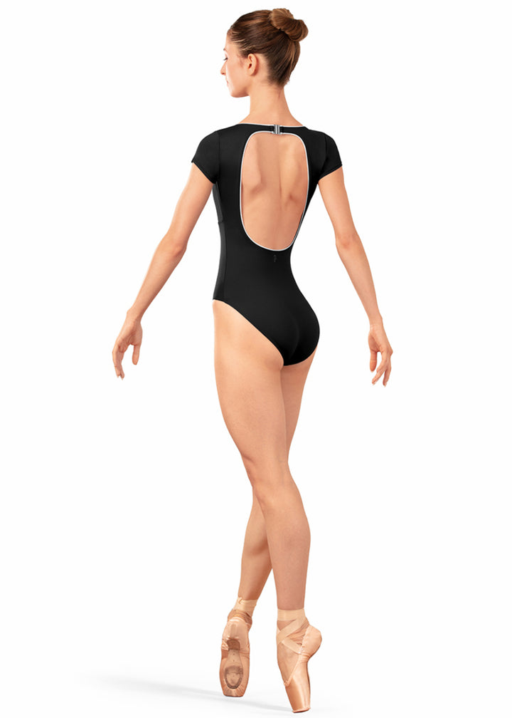 Bloch LB5262 Women's Alpheus Open Back Cut-Out with Clasp Clousure Cap Sleeve Leotard in Black with White Contrast Piping Detail, shown on a pointe dancer