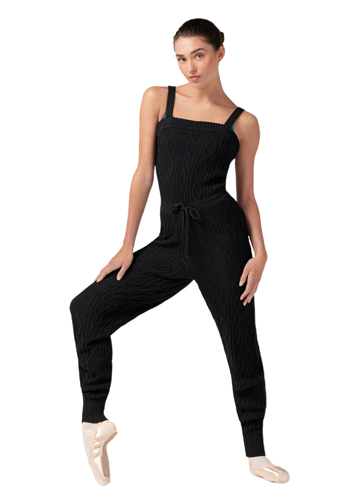 Bloch women's Haliay full length onesie in black cable knit with tied waistband.
