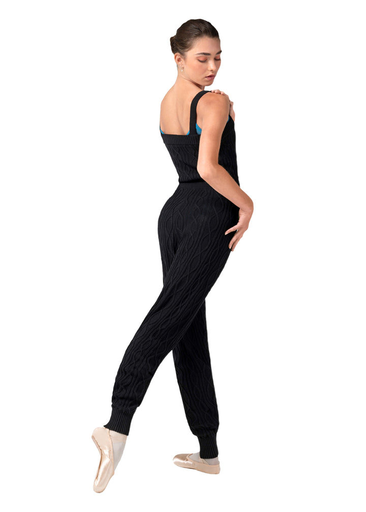 Bloch women's Haliay full length onesie in black cable knit with tied waistband.