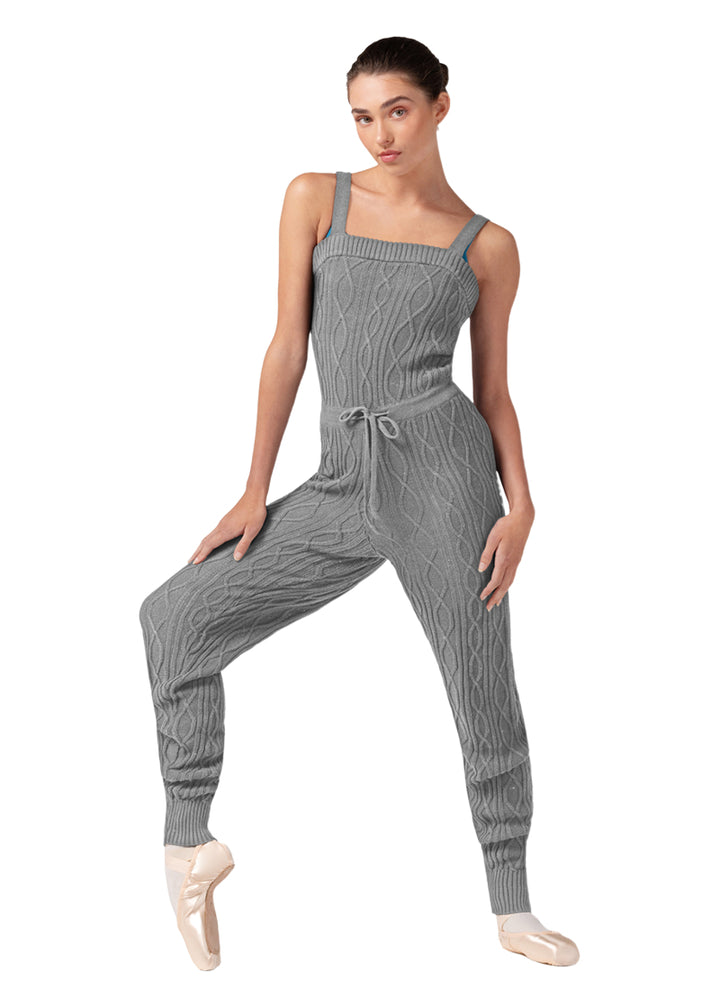 Bloch women's Haliay full length tank onesie in gray cable knit with tied waistband.