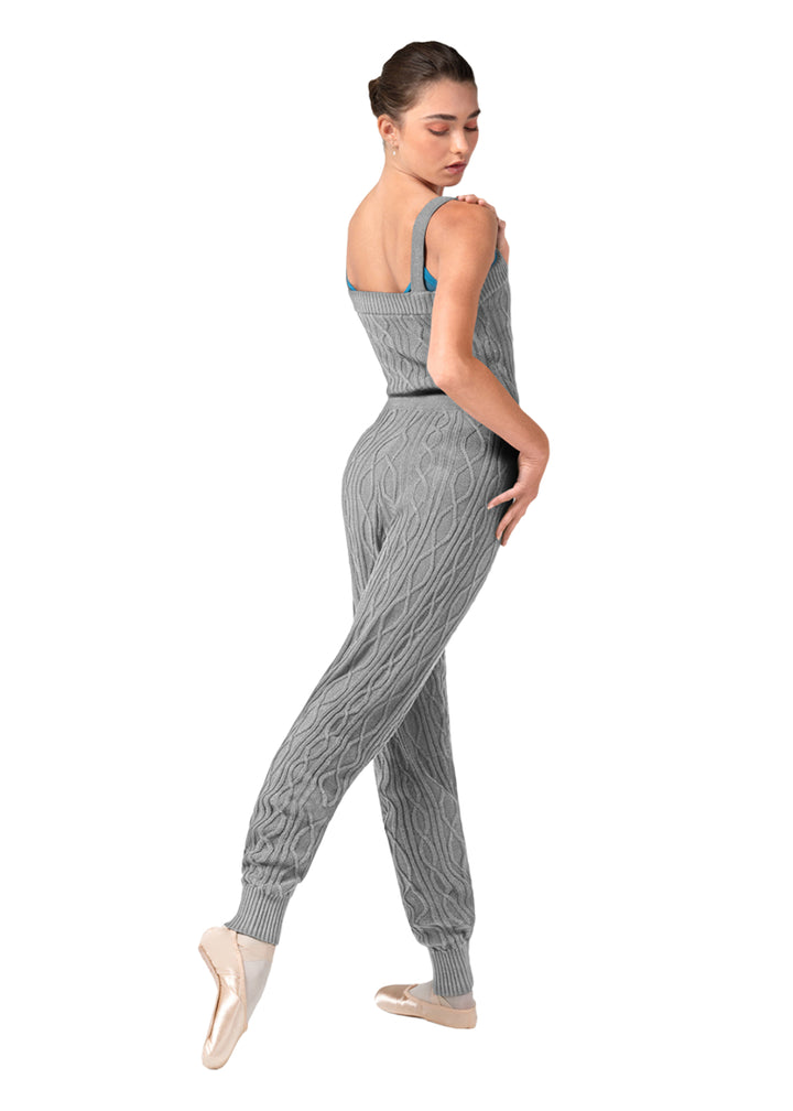 Bloch women's Haliay full length tank onesie in gray cable knit with tied waistband.