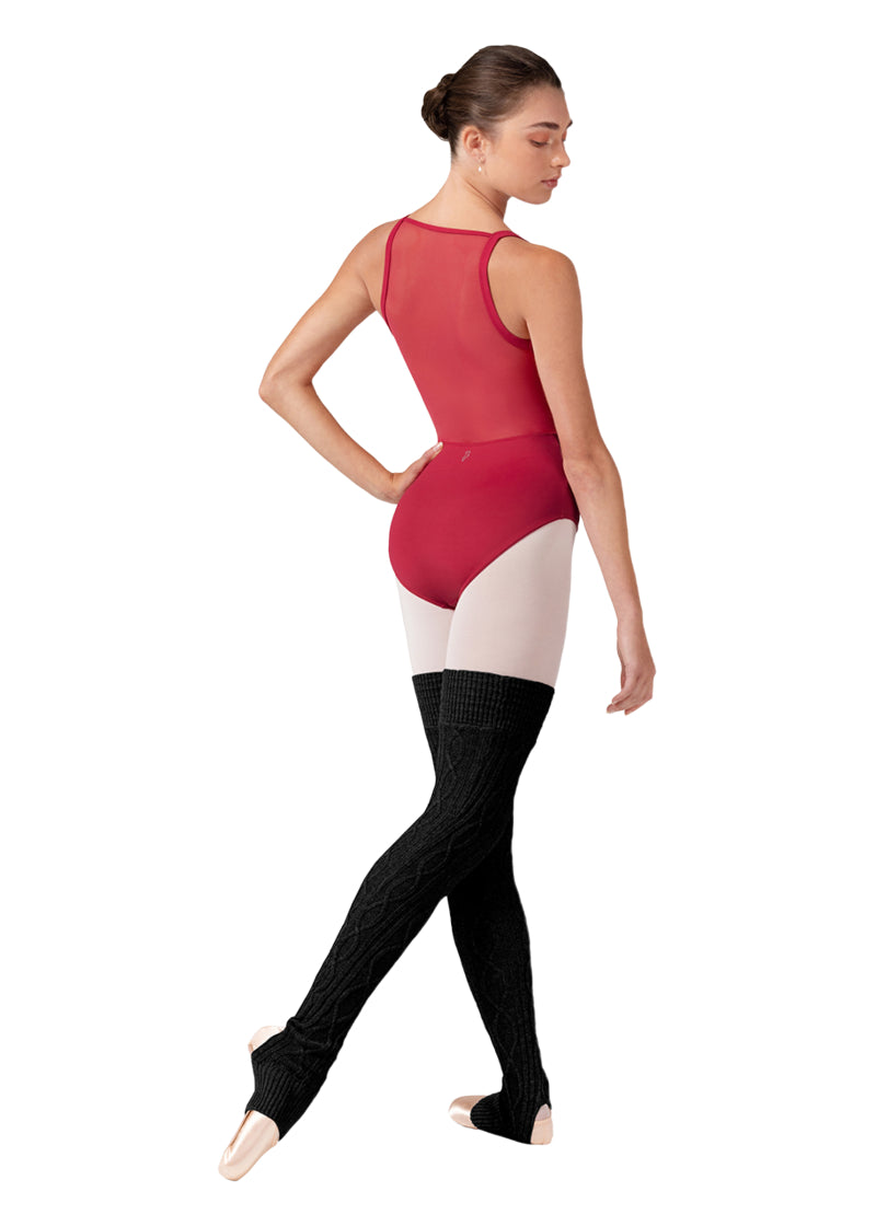 Bloch Elsa cable knit thigh high legwarmers in black with stirrup heel.