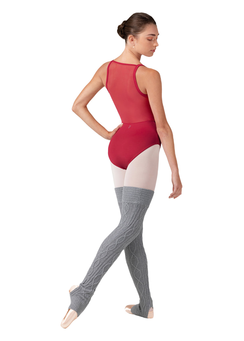 Bloch Elsa cable knit thigh high legwarmers in gray with stirrup heel.