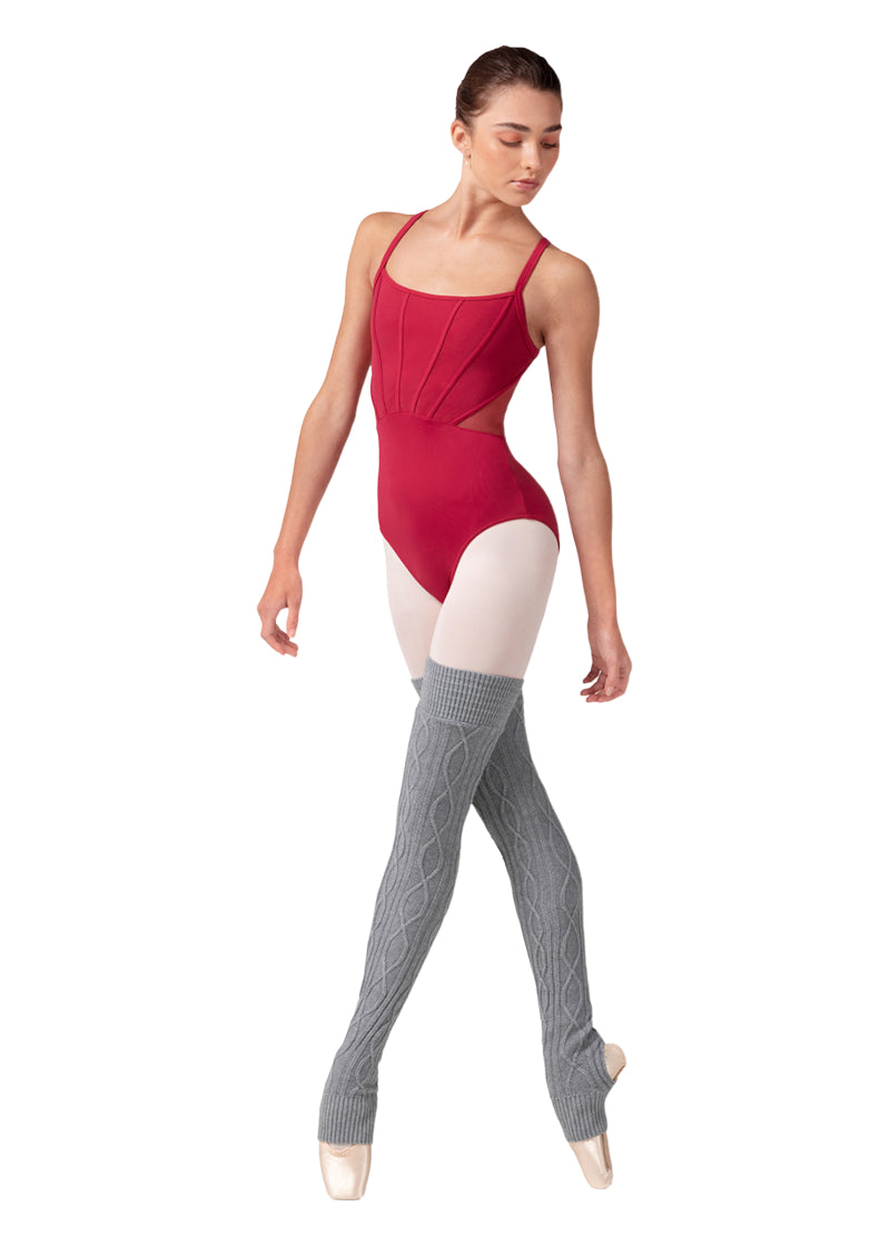 Bloch Elsa cable knit thigh high legwarmers in gray with stirrup heel.