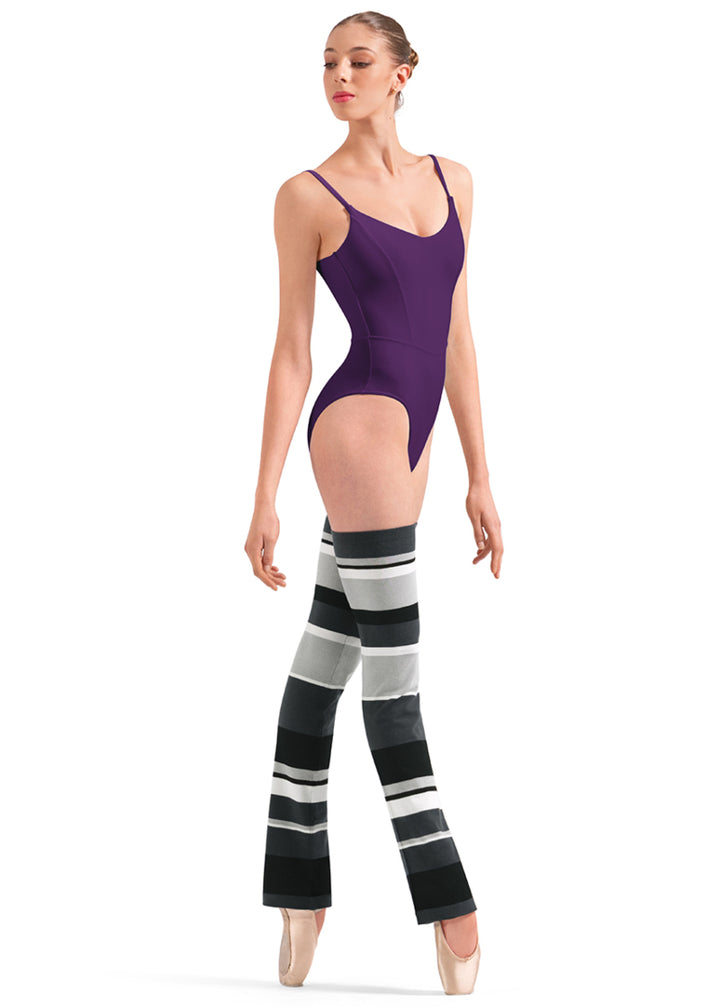 Bloch W11007 Women's Striped Thigh-High Legwarmers in Black, Grey, and White Stripes with a relaxed fit ankle, shown on a pointe dancer