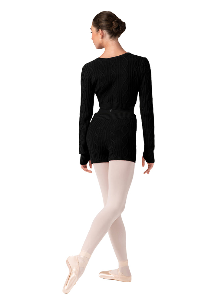 Bloch women's Atiyah mock wrap crop sweater in black cable knit.