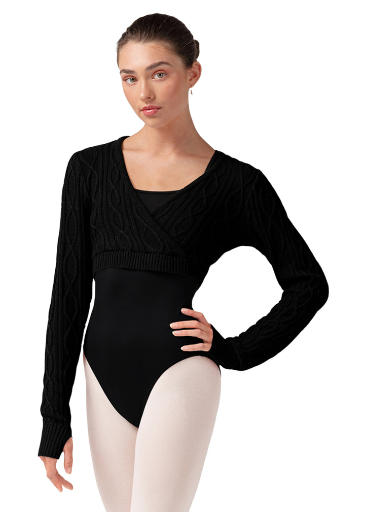 Bloch women's Atiyah mock wrap crop sweater in black cable knit.