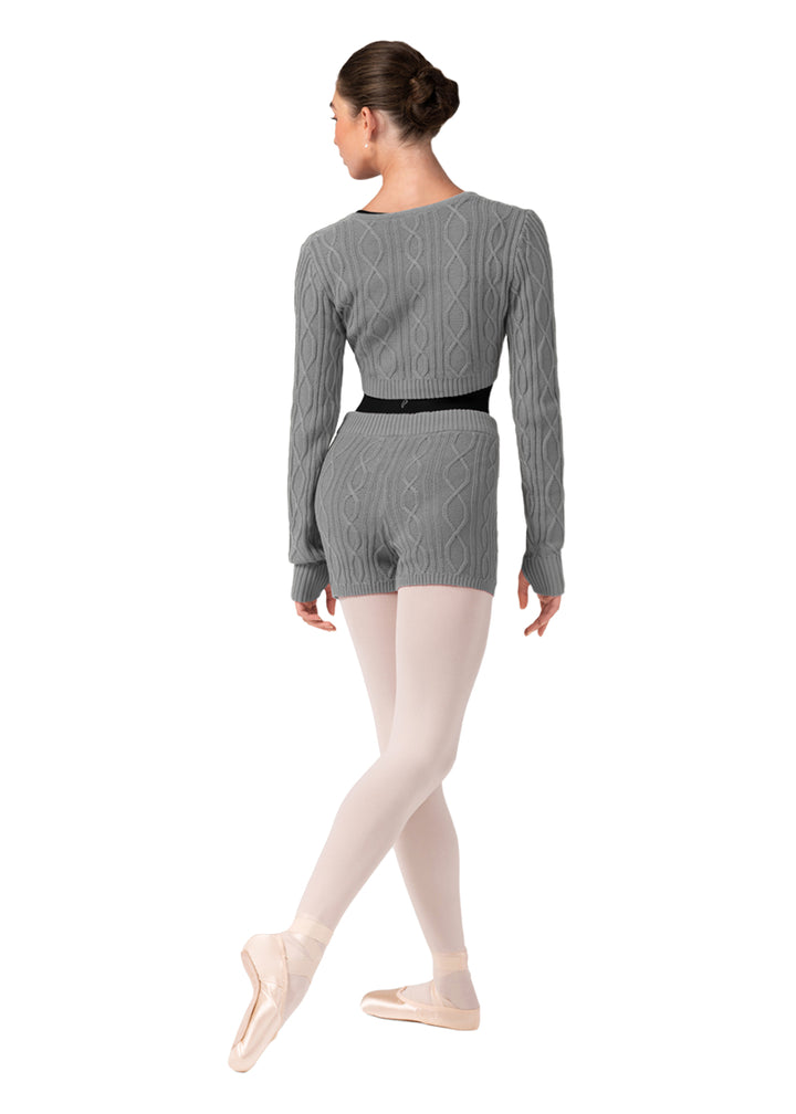 Bloch women's Atiyah mock wrap crop sweater in gray cable knit.